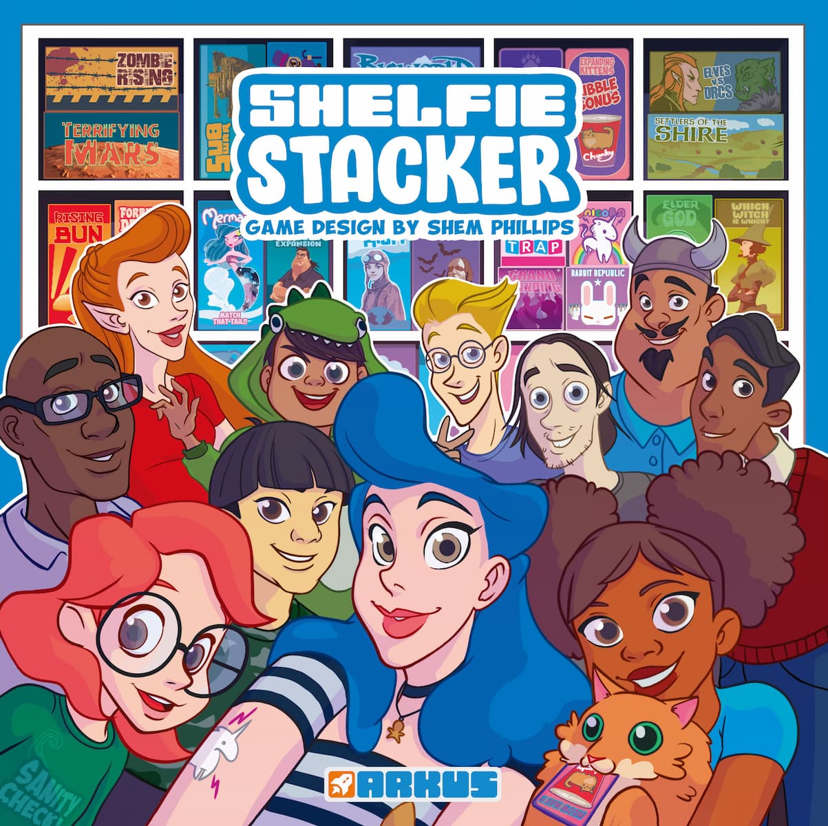 Shelfie Stacker the board game was published by Arkus Games and the board game manufacturer was Boda Games Manufacturing.