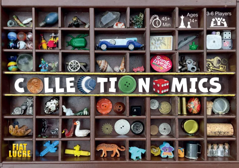 Collectionomics the board game was published by Fiat Lucre and the board game manufacturer was Boda Games Manufacturing.